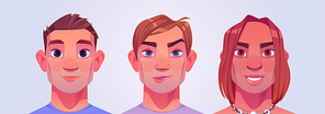 Men portraits with short and long hairs. Male persons avatars isolated on background. Vector cartoon illustration of handsome guys heads with different hairstyles