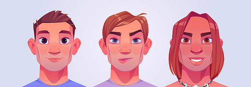 Men portraits with short and long hairs. Male persons avatars isolated on . Vector cartoon illustration of handsome guys heads with different hairstyles