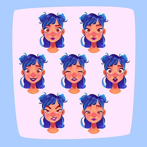 Young woman face expressions, cartoon female character avatar with different emotions, isolated pretty girl with blue hair emoji smile, despise, sad, crying and surprised, Vector illustration set