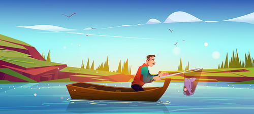 Senior fisherman in boat catching fish in net on lake or pond at summer time. Mature male character with haul in skip, recreational hobby, summertime activity, leisure, Cartoon vector illustration