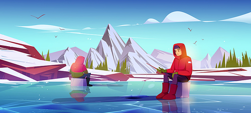 Winter ice fishing with men holding rods, wear warm clothes, sitting on boxes catching fish on frozen pond surface with holes. Male characters wintertime hobby, recreation, Cartoon vector illustration