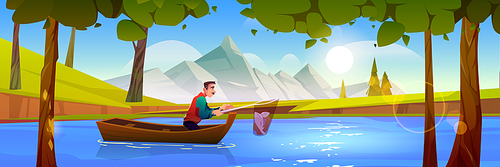 Fisherman fishing in boat with net on forest pond with mountains view. Senior male character with haul in skip, recreational summer hobby, summertime activity, leisure, cartoon Vector illustration