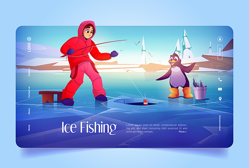 Ice fishing banner with man and penguin on frozen lake with hole. Vector landing page of season activity with cartoon illustration of winter landscape with fisherman with rod and cute animal