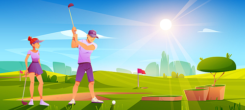 Golfers playing golf on green field hitting ball with club on nature course landscape background with red flag, sand bunker and trees under blue sunny sky. Sport tournament cartoon vector illustration