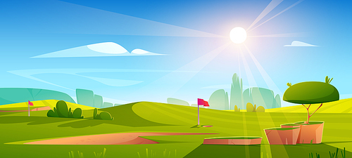 Golf course nature landscape, green grass, pole flag, hole for ball and trees under blue sky with bright sun shining. Place for tranquil recreational sport, Cartoon background, vector illustration