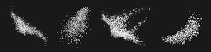 scatters of white sugar or sea salt crystals with dust isolated on black . vector realistic set of stains of coarse culinary ground salt or sugar granules, crushed pieces of chalk or sand