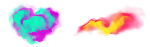 Color smoke flow and paint powder explosion in shape of heart isolated on transparent . Vector realistic set of colorful splashes, dust clouds and ink spray
