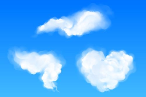 Realistic clouds of heart and abstract shapes, white fluffy spindrift or cumulus eddies flying in blue sky. Weather forecast and nature design elements, 3d Vector illustration, isolated icons set