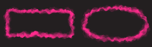 Pink smoke clouds frames isolated on black background. Vector realistic set of rectangular and oval borders with magic fog, dust or powder texture. Empty banners with color cloudy effect
