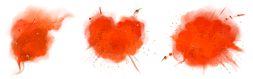 Splashes of red pepper powder and cut pieces. Vector realistic illustration with explosion of ground paprika and chilli pepper seasoning. Set of hot dried spice scatter