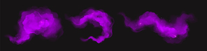Purple powder clouds, magic dust splashes and flows. Vector realistic set of flowing violet steam or fog, paint powder with glitter particles and sparkles isolated on black background