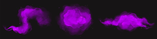 Purple magic dust clouds with sparkles and glitter, curve and round powder smoke. Holi paints of violet color, dye splashes or mystic haze on black background, Realistic design 3d vector illustration