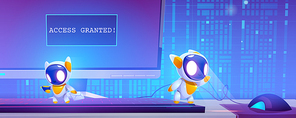 Cute robots, digital assistants on computer keyboard. Vector cartoon illustration of chat bots, funny electronic cyborgs with AI and computer screen with granted access