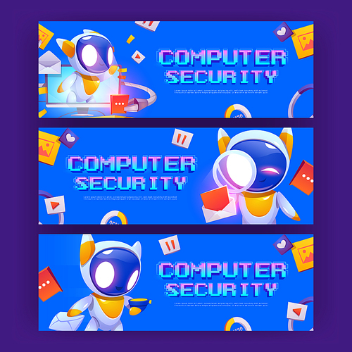 Computer security banners with cute robot protect privacy information. Concept of safety network, online protection. Vector landing page with cartoon illustration of ai bot character