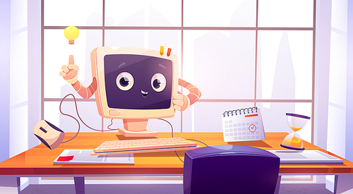 Computer character at office desk, cute pc desktop with smiling face pointing on glow light bulb. Cartoon electronic device personage at clerk workplace, business idea, insight, Vector illustration