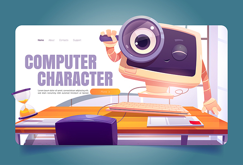 Computer character at office desk cartoon landing page. Cute pc desktop with smiling face look through magnifying glass. Electronic device personage, business information research, Vector web banner