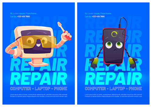 Gadgets repair service cartoon ad posters, computer and smartphone characters, cute pc desktop in protective glasses and screwdriver in hand. Vector mascots fixing broken electronics device repairment