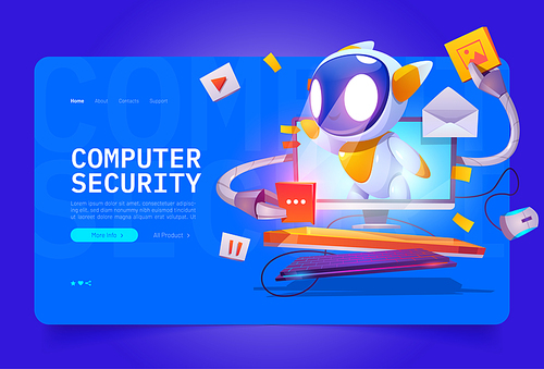 Computer security cartoon landing page, cute bot on computer monitor screen protect data and media files. Hacker cyber attack protection, internet network secure digital technology, Vector web banner