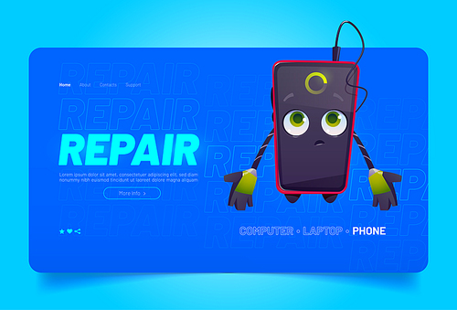 Smartphone repair. Cute mobile phone character with broken screen, low charge and fix tools. Vector cartoon set with mascot for electronic device repair service isolated on white