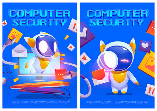 Computer security posters. Concept of data secure, safety internet technology. Vector landing page of information protect with cartoon illustration of PC and cute robot character, ai bot assistant