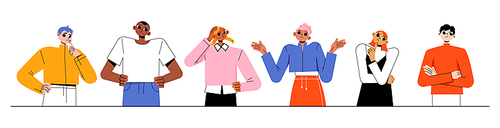 Diverse confused people doubt, think. Vector flat illustration of thoughtful, unsure women and men with hand chin, head. Multiracial group of pensive, anxiety characters