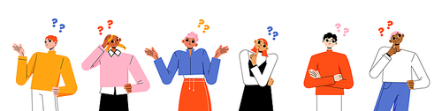 Diverse wondering people with question marks. Vector flat illustration of thoughtful women and men, doubt, unsure characters in pose with hand on chin, head, shrug