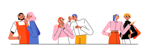People gossip, whisper, tell secrets and news to each other. Vector flat illustration of friends conversation, discuss, backbiting. Talking and listening men and women characters