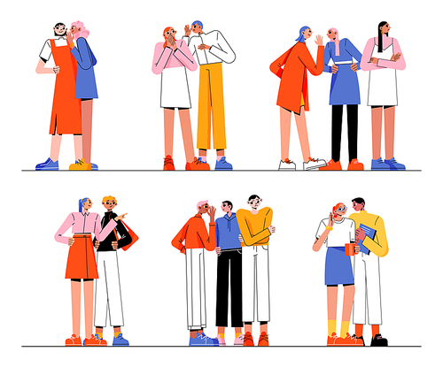 People gossip, tell secrets and news, backbiting. Vector flat illustration of men and women characters tattle together, slander about others, spread rumors, toxic speaks