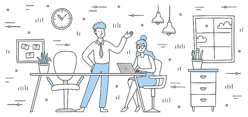 People work in office together. Concept of teamwork, workplace, professional conversation. Vector doodle illustration with man and woman employees, table with laptop, chairs and cupboard