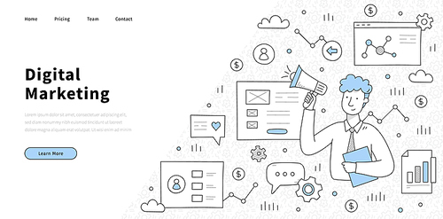 Digital marketing banner with businessman with megaphone, website screen, graph and money. Vector landing page of online market strategy with doodle illustration