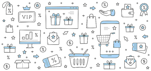 Loyalty program rewards doodle concept. Smartphone with shopping trolley at screen. Mobile application for vip clients, gift box, hand, percent sign, sale coupon, star, Line art vector illustration