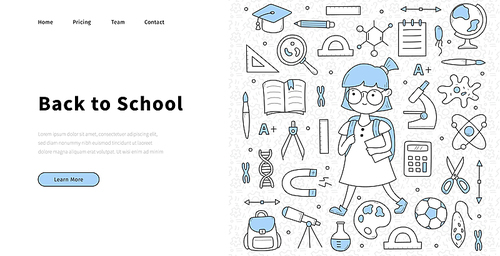 Back to school sketch hand drawing web banner. Landing page template for online education with doodle icons and line art science stuff, book and pencil, backpack and magnifier, globe and microscope