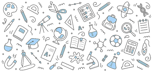 School and science doodle background with education signs. Line art vector protractor, globe, test. Pencil, backpack and chemical beakers, paints, palette, academic cap, compass, cells and abacus