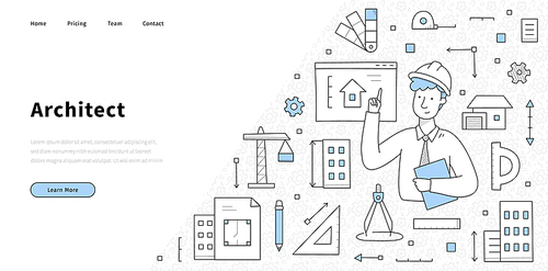 Architect banner with man engineer in helmet and icons of construction industry. Vector landing page of architecture works with doodle illustration of person, house project, measure tools, crane