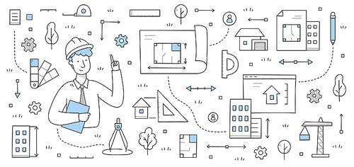 Doodle concept with architect worker holding blueprint. Engineering and architecture job background. Professional engineer in helmet with work tools compass, pencil, crane Line art vector illustration