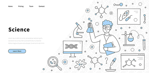 Science banner with man scientist in laboratory. Vector landing page of chemistry, biology, medical research with doodle illustration of chemist with lab flask, microscope and DNA molecule