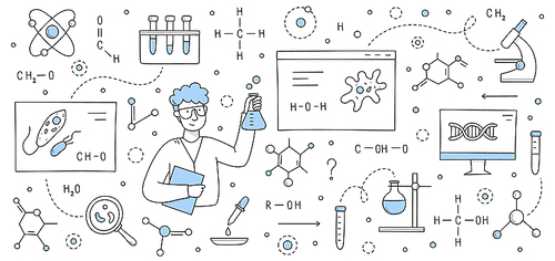 Man scientist in laboratory, science research equipment, DNA molecule and chemical formulas doodle background. Vector hand drawn illustration of technologies of chemistry, biology, medical test