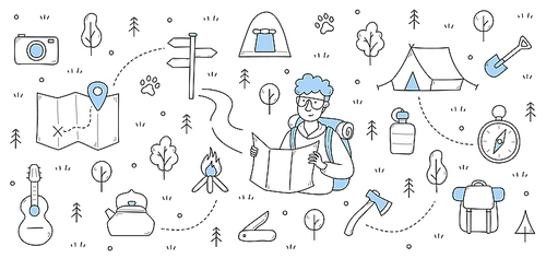 Camping, orienteering, and hiking doodle concept with tourist searching route with map in forest with road fork, tent, compass, axe, spade, cauldron, and animal footprints, Line art vector background