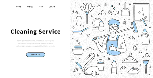 Cleaning service banner with man in uniform, vacuum cleaner, spray and brush. Vector landing page with hand drawn illustration of professional janitor or household worker with broom