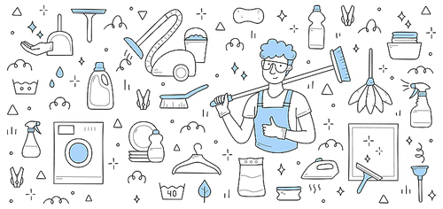 Cleaning service background with man worker in uniform, washing machine, vacuum cleaner, spray and detergent. Vector hand drawn illustration of janitor with broom, plunger, brush, iron and plates