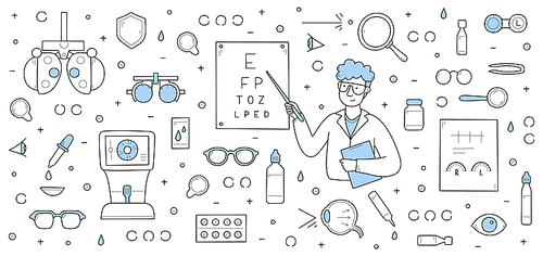 Ophthalmology background with doctor ophthalmologist check vision with eye test chart. Vector hand drawn illustration of man optometrist, glasses, drops and machines for eyesight medical exam