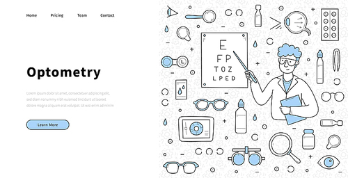 Optometry banner with doctor ophthalmologist in glasses with eye test chart. Vector landing page of ophthalmology medical check with hand drawn illustration of man optometrist, drops, pills and lenses