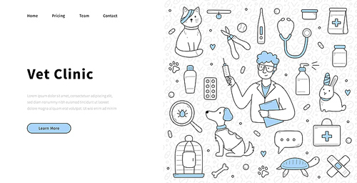 Vet clinic doodle landing page with doctor, dog, cat or hare pets and outline icons. Veterinary clinic service, hospital for home animals, medical care, ambulance, treatment, Linear vector web banner