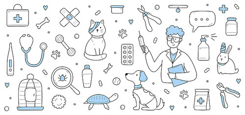 Veterinary clinic with doctor hold syringe, sick pets with bandage, grooming tools, cage, and stethoscope. Vector hand drawn illustration with man veterinarian, cat, dog, rabbit and turtle