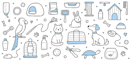 Doodle background with zoo market pets care production. Domestic cat, dog, parrot, rabbit with turtle or fish in aquarium. Food, comb and leash, bone, cosmetics bottles, Linear vector illustration