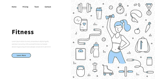 Fitness landing page in doodle style, woman exercising with dumbbells, healthy lifestyle, sport, weight loss and workout recreation in gym. Fit girl, gadgets for sports life, Linear vector web banner