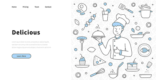 Restaurant banner with doodle food and man in chef hat with dish. Vector landing page of delicious culinary with hand drawn icons of pizza, cake, drink, fish and fried egg