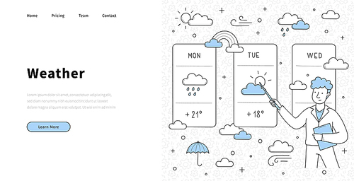 Weather forecast doodle landing page, anchorman doing meteorological report. Tv presenter character stand at screen with meteorology map presenting monitor with information Line art vector web banner