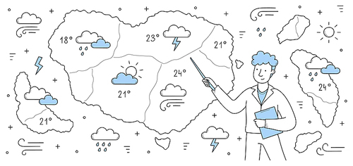 Meteorological report, weather forecast doodle concept. Tv presenter male character stand at screen with meteorology map. Anchorman presenting monitor with information, line art vector illustration