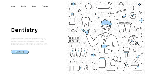 Dentistry medicine doodle landing page. Stomatology doctor with healthy shining tooth in hand, medical linear equipment icons around. Dental clinic services, teeth and caries treatment vector banner